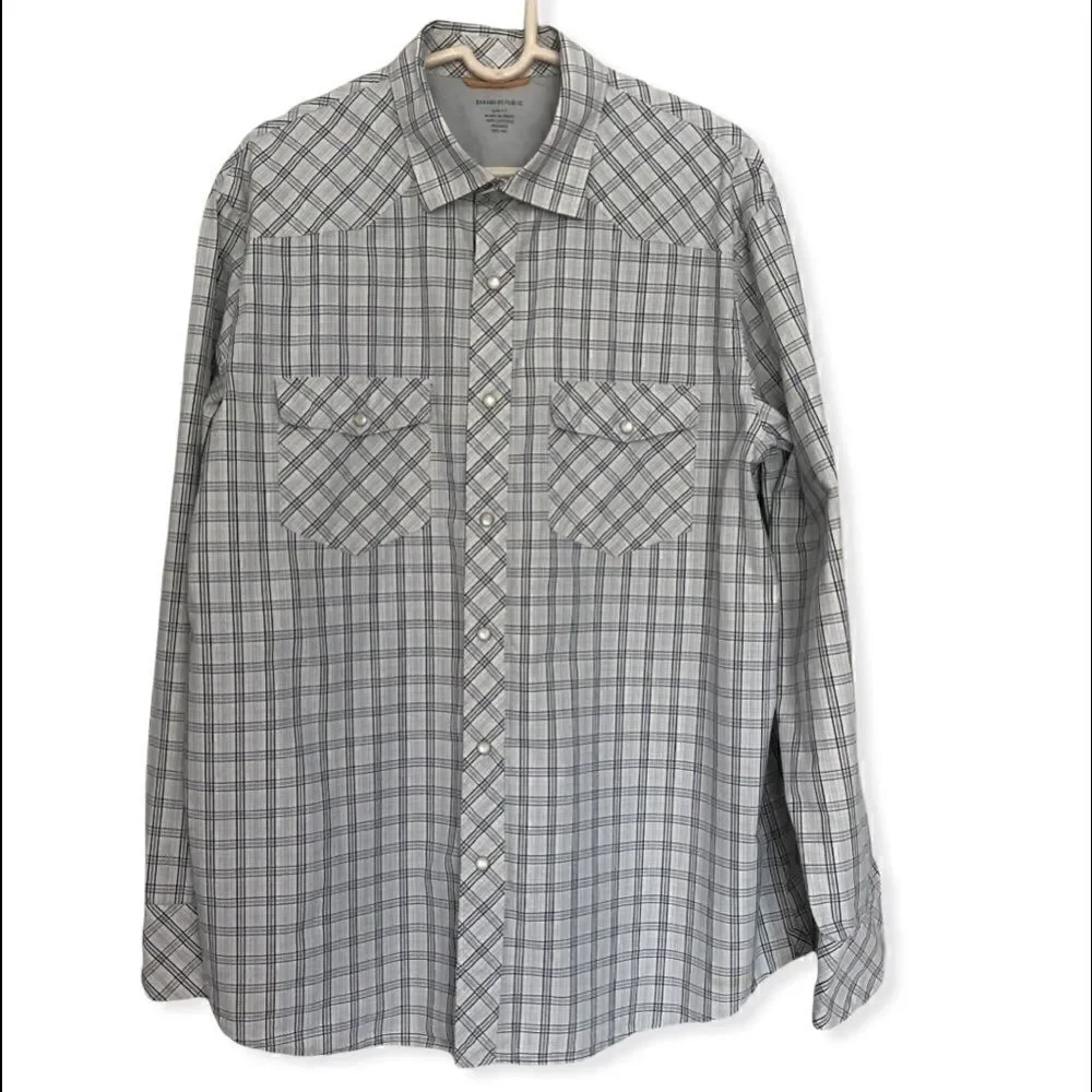 Banana Republic Shirt - Pearl Snaps - Long Sleeve - White/Blue - Western Style